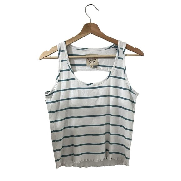 CHASER Tank Top Size Small Blue White Striped Cut Out Peak-A-Boo Lettuce Hem - Picture 1 of 5
